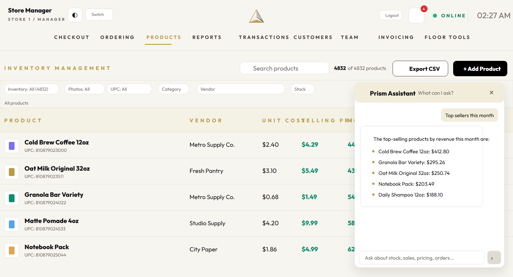 Prism Assistant answering 'top sellers this month' on top of the live inventory screen