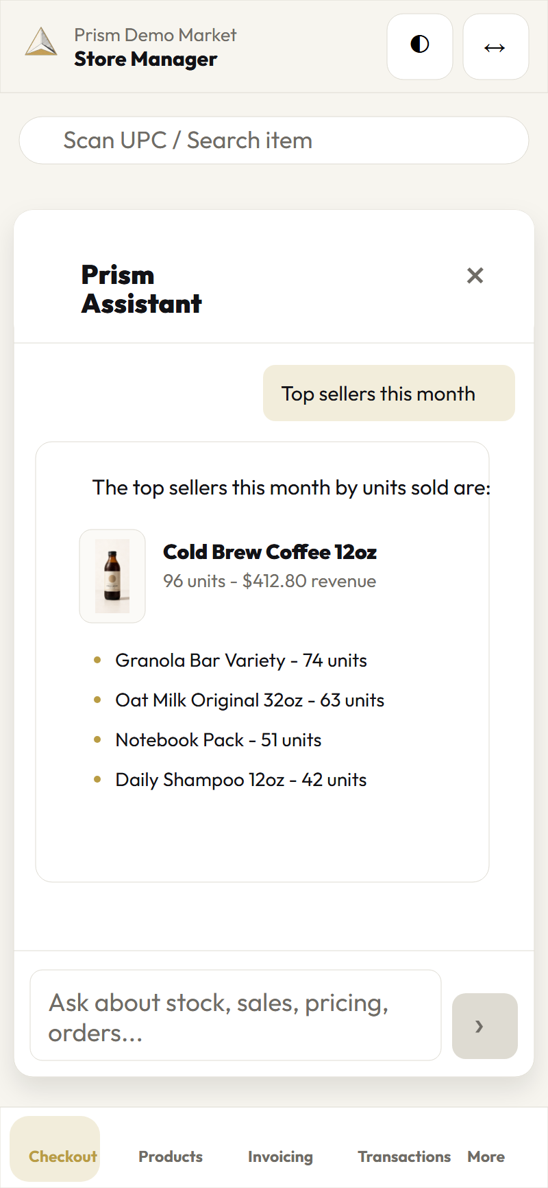 Mobile assistant listing this month's top sellers