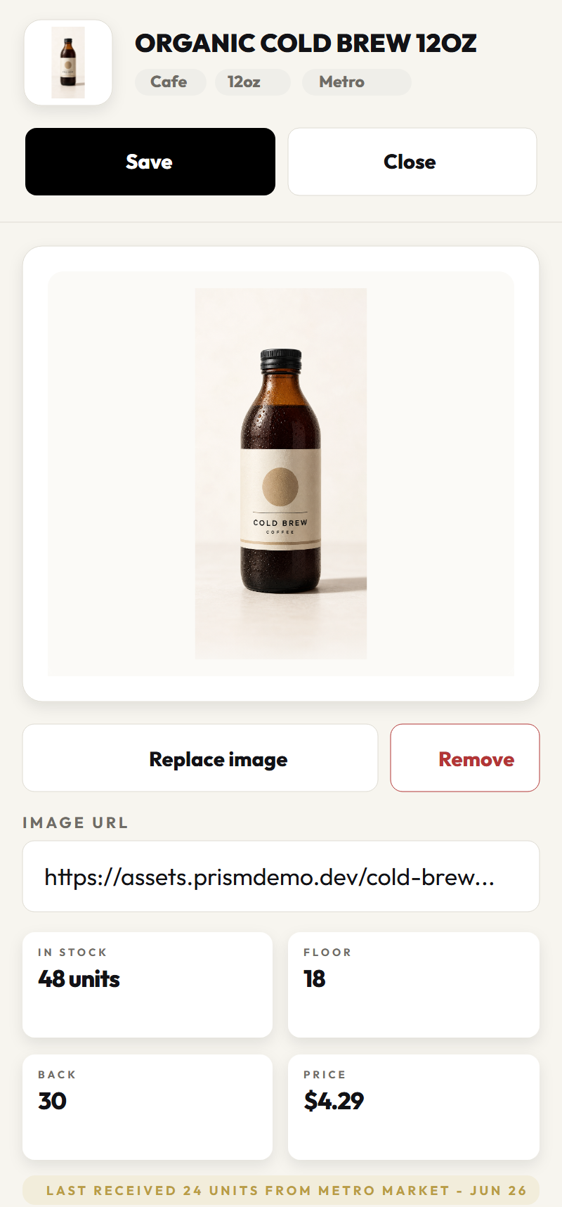 Mobile product detail with product photo, stock, and costs