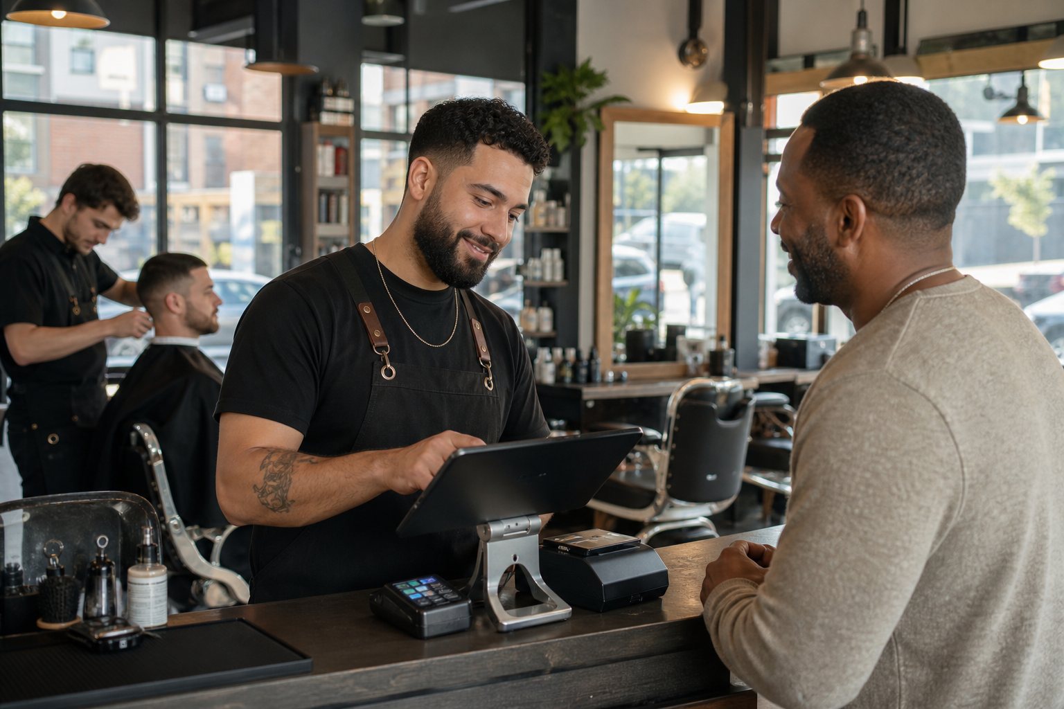Barbershop staff member using a tablet POS while checking out a customer
