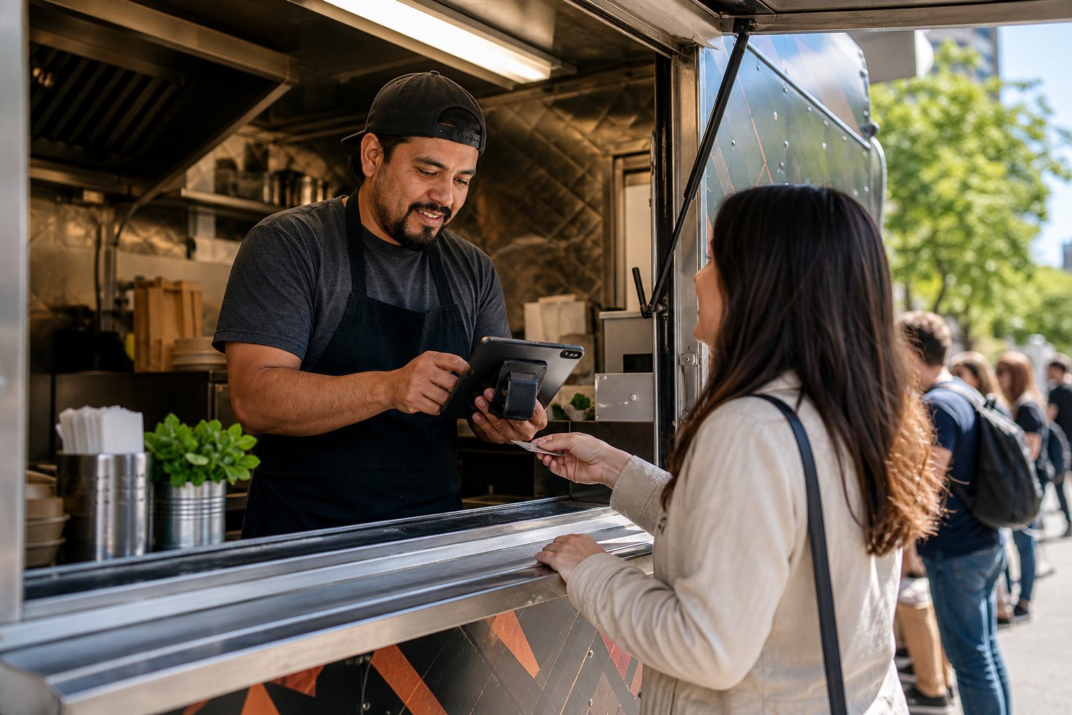 Food truck operator using a tablet POS at the service window