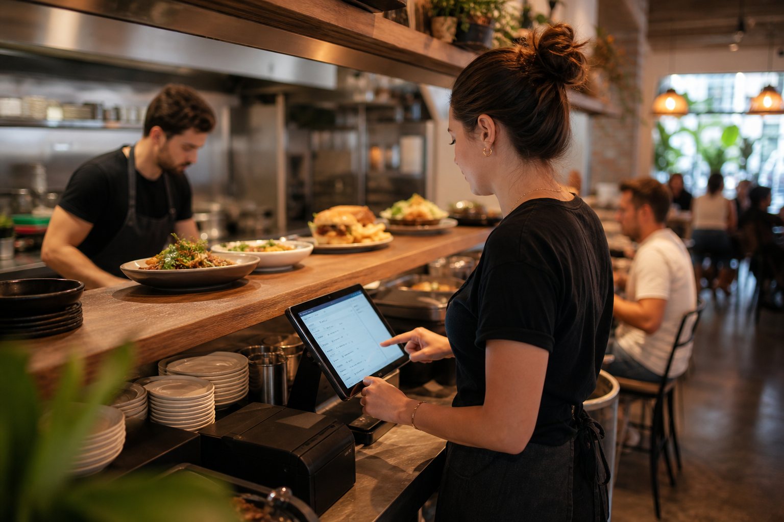Restaurant team member using a tablet POS at the service counter