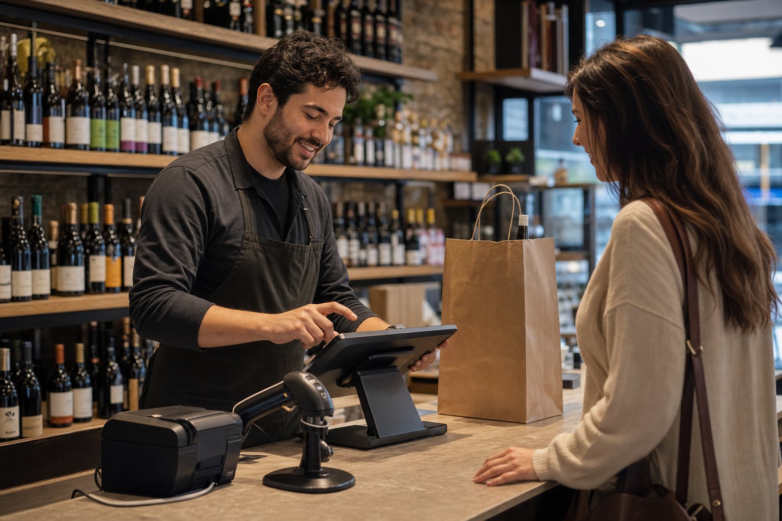 Concept scene of specialty retail checkout with a customer and tablet
