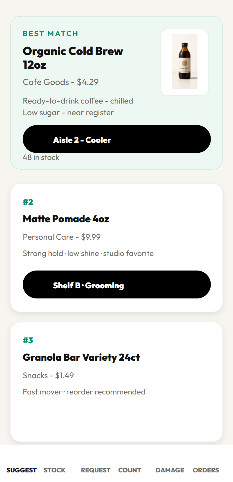 Employee app suggesting an in-stock cold brew product with a real product photo